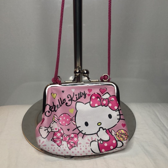 HELLO KITTY Super cute Small kiss lock coin purse pink rope. Silver kiss lock. - Picture 2 of 9